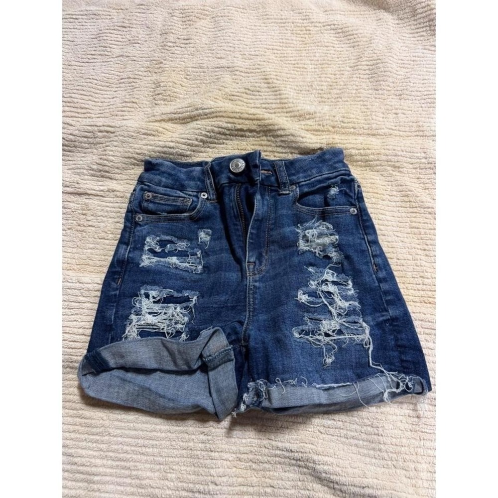 American Eagle High Waisted Distressed Denim Shorts Dark Wash Size 000 Distresse